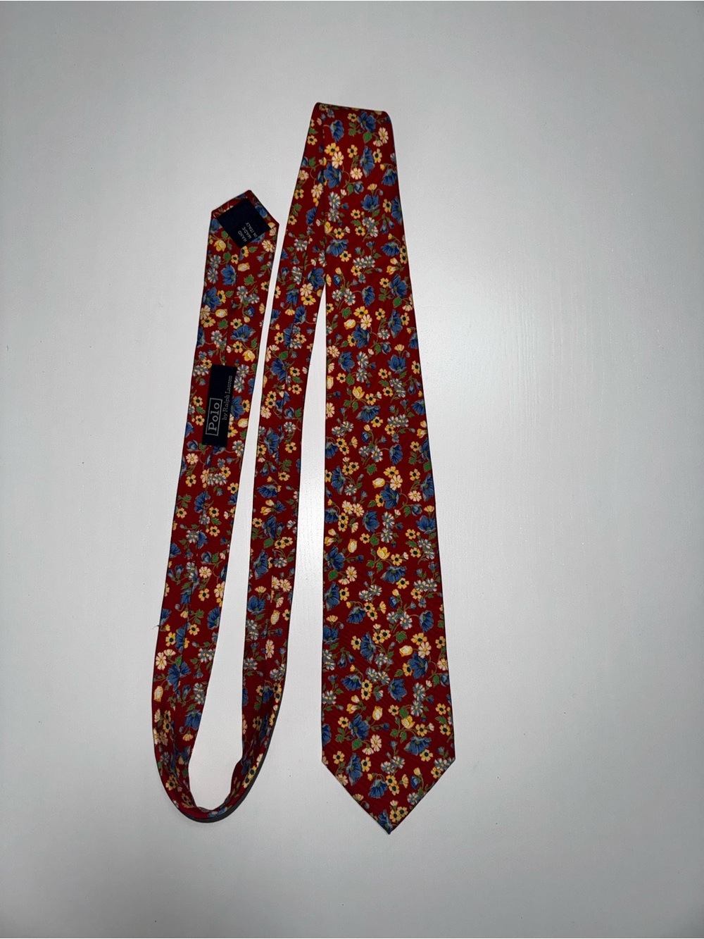 Polo by Ralph Lauren Burgundy Floral Silk Tie with Blue and Yellow Accents